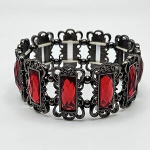 VINTAGE Victorian Style Filigree Gunmetal Red Rhinestone Stretch Bracelet Goth